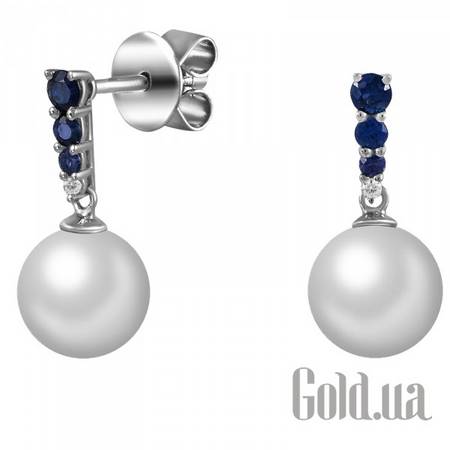 Серьги-гвоздики Золотые серьги с бриллиантами, сапфирами и жемчугом
