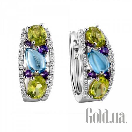 Серьги Золотые серьги с бриллиантами, аметистами, топазами и перидотами