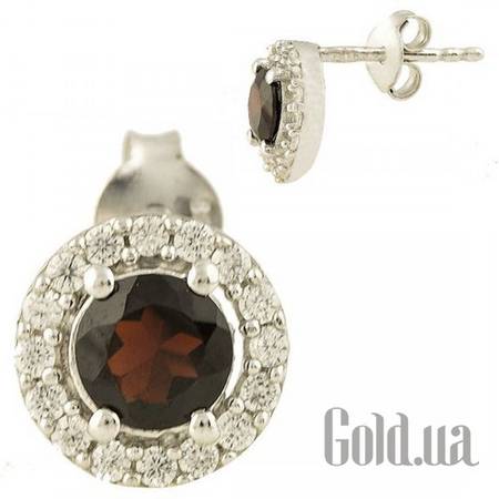 Серьги-гвоздики Серебряные серьги с гранатами и куб. циркониями