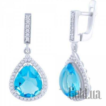 Серьги с подвесками Серебряные серьги с синт. аквамаринами и куб. циркониями