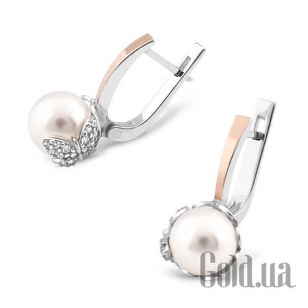 Серьги Серебряные серьги с искусств. жемчугом и куб. циркониями в позолоте