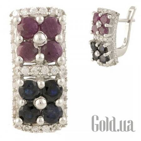 Серьги Серебряные серьги с куб. циркониями, рубинами и сапфирами