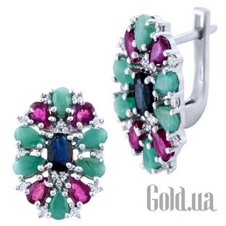 Серьги Серебряные серьги с изумрудами, куб. циркониями, рубинами и сапфирами