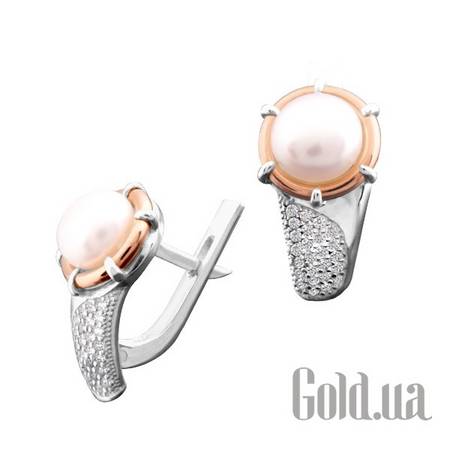 Серьги Серебряные серьги с жемчугом (культив.) и куб. циркониями