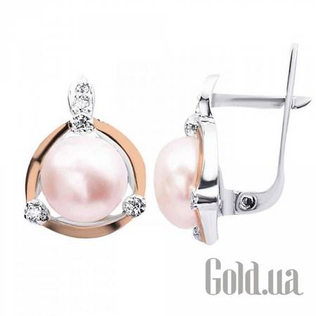 Серьги Серебряные серьги с культив. жемчугом, куб. циркониями и вставками из золота