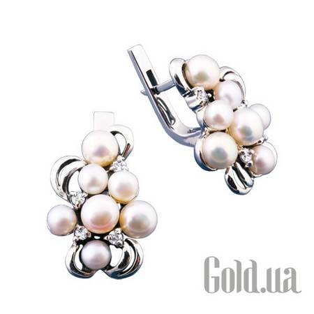 Серьги Серебряные серьги с культив. жемчугом и куб. циркониями в позолоте