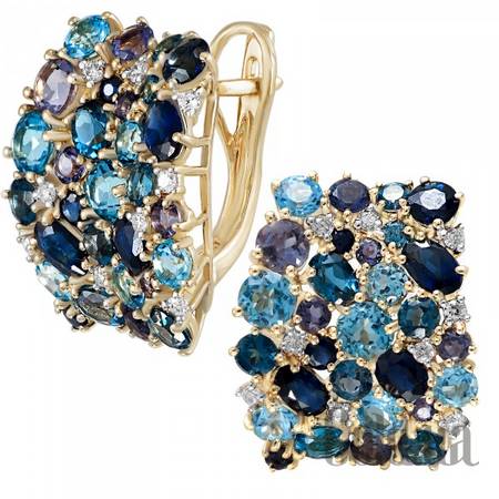 Серьги Золотые серьги с бриллиантами, топазами,сапфирами и лолитами