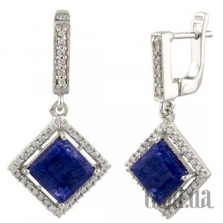 Серьги с подвесками Серебряные серьги с синт. сапфирами и куб. циркониями