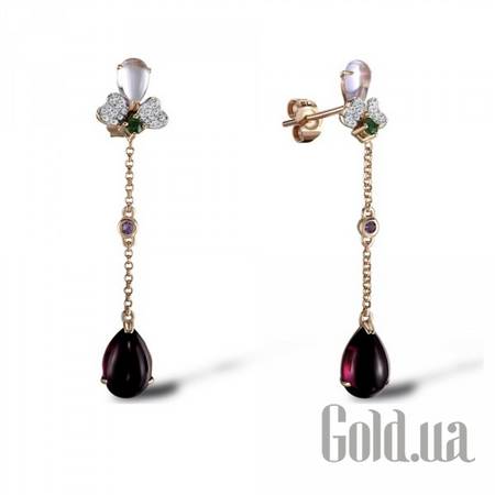 Серьги с подвесками Золотые серьги с бриллиантами, аметистами, изумрудами и родолитами