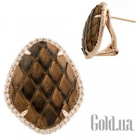 Серьги Серебряные серьги с кожей и куб. циркониями в позолоте