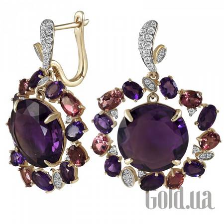 Серьги Золотые серьги с бриллиантами, аметистами и турмалинами