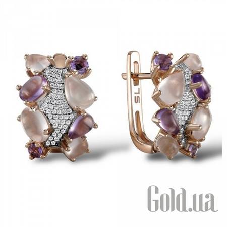 Серьги Золотые серьги с бриллиантами, аметистами и кварцами
