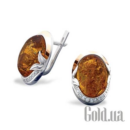 Серьги Серебряные серьги с куб. циркониями и янтарем в позолоте