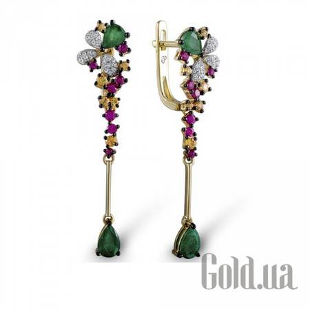 Серьги с подвесками Золотые серьги с бриллиантами, изумрудами и сапфирами