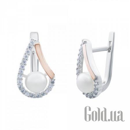 Серьги Серебряные серьги с жемчугом и куб. циркониями в позолоте