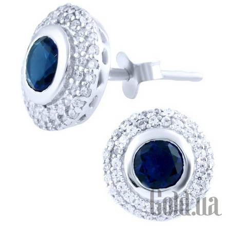 Серьги-гвоздики Серебряные серьги с синт. сапфирами и куб. циркониями