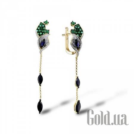 Серьги с подвесками Золотые серьги с бриллиантами, изумрудами и сапфирами