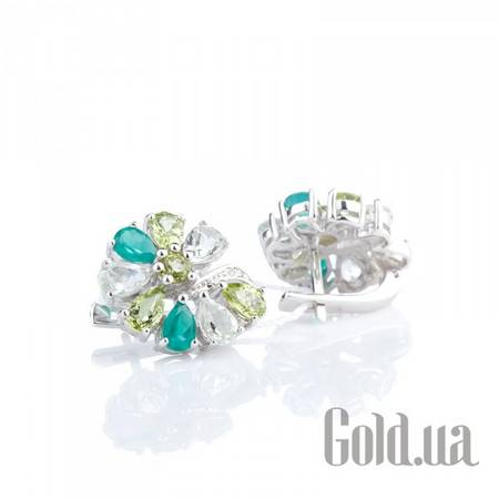 Серьги Серебряные серьги с куб. циркониями, хризолитами, аметистами и агатами