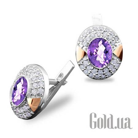 Серьги Серебряные серьги с аметистами и куб. циркониями в позолоте