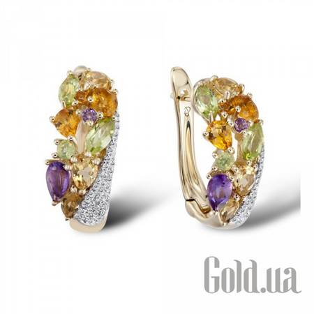 Серьги Золотые серьги с бриллиантами, аметистами, цитринами и перидотами