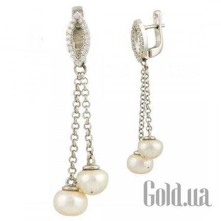 Серьги с подвесками Серебряные серьги с жемчугом и куб. циркониями