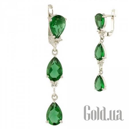 Серьги с подвесками Серебряные серьги с синт. изумрудами и куб. циркониями