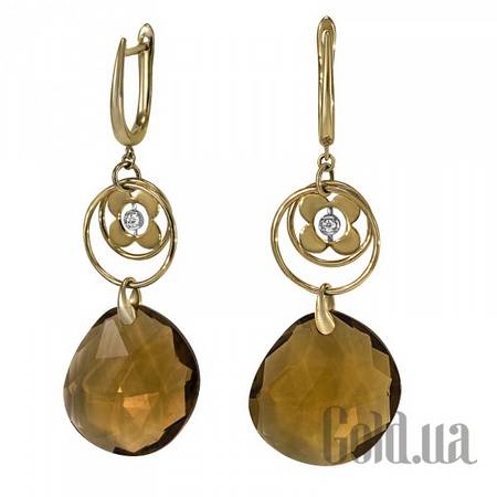 Серьги с подвесками Золотые серьги с бриллиантами и дымчатыми кварцеми