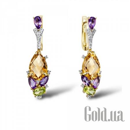 Серьги с подвесками Золотые серьги с бриллиантами, аметистами, цитринами и перидотами