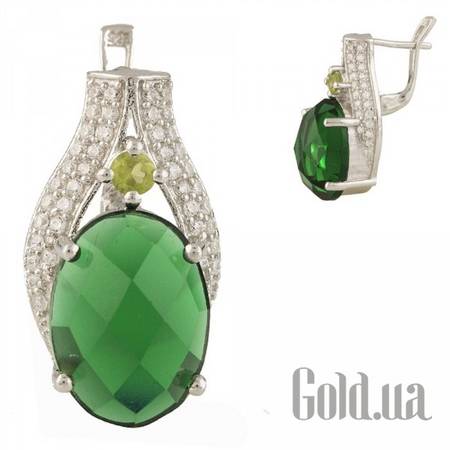 Серьги Серебряные серьги с куб. циркониями, синт. изумрудами и хризолитами