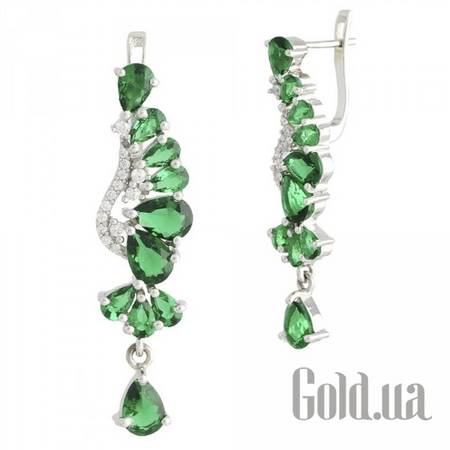Серьги с подвесками Серебряные серьги с куб. циркониями и синт. изумрудами