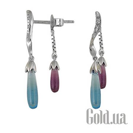 Серьги с подвесками Золотые серьги с бриллиантами, аметистами и топазами