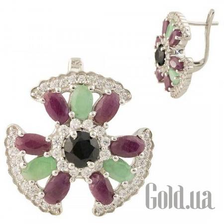 Серьги Серебряные серьги с изумрудами, куб. циркониями, рубинами и сапфирами