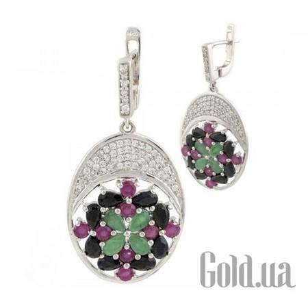 Серьги с подвесками Серебряные серьги с рубинами, сапфирами, изумрудами и куб. циркониями