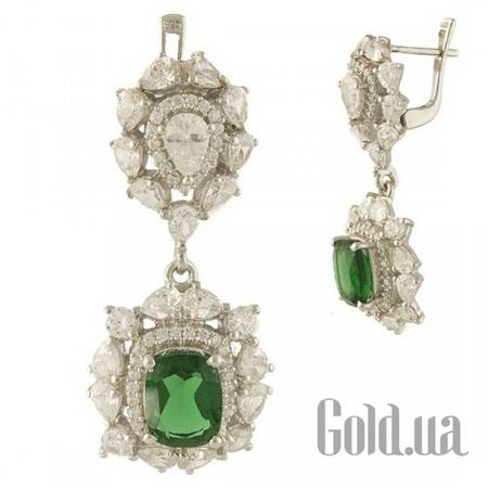 Серьги с подвесками Серебряные серьги с синт. изумрудами и куб. циркониями