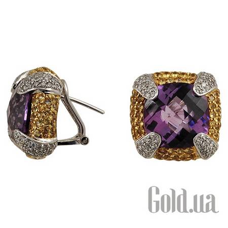 Серьги Золотые серьги с бриллиантами, аметистами и желтыми сапфирами