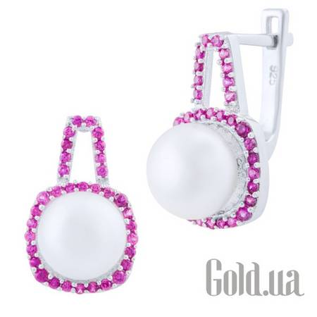 Серьги Серебряные серьги с жемчугом и синт. рубинами