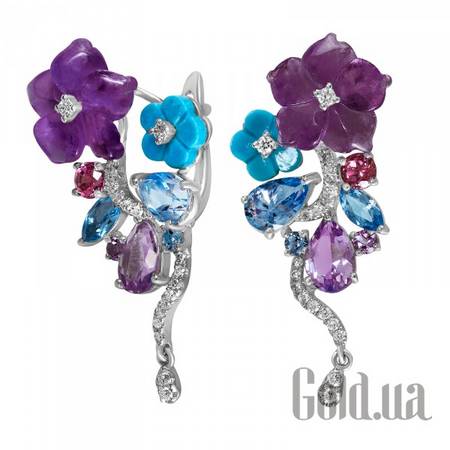 Серьги Золотые серьги с бриллиантами, топазами, аметистами, родолитами и бирюзой