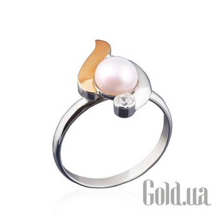 Женские кольца Женское серебряное кольцо с культив. жемчугом, куб.циркониями и золотой вставкой, 18