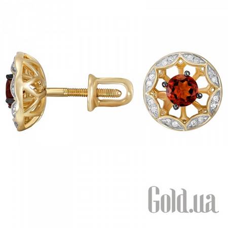 Серьги-гвоздики Золотые серьги с бриллиантами и гранатами