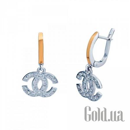 Серьги с подвесками Серебряные серьги с куб. циркониями и вставками из золота