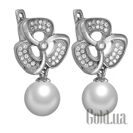 Серьги с подвесками Серебряные серьги с куб. циркониями и жемчугом (искусств.)
