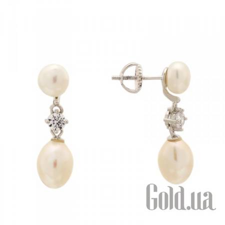Серьги с подвесками Серебряные серьги с жемчугом и куб. циркониями