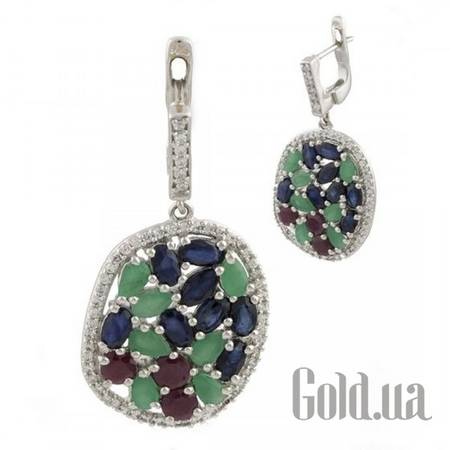 Серьги с подвесками Серебряные серьги с сапфирами, рубинами, изумрудами и куб. циркониями