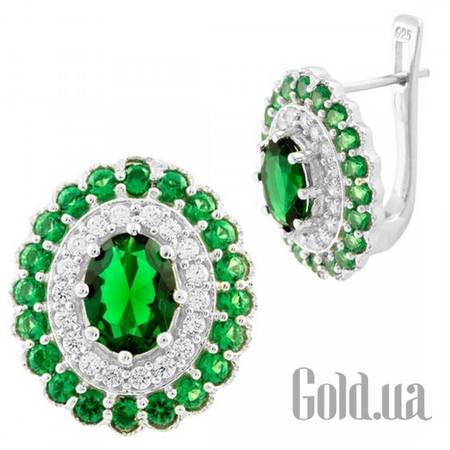 Серьги Серебряные серьги с куб. циркониями, изумрудами и хрусталем