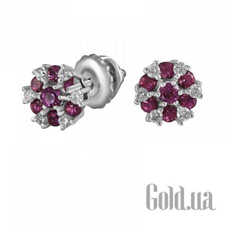 Серьги-гвоздики Золотые серьги с бриллиантами и родолитами