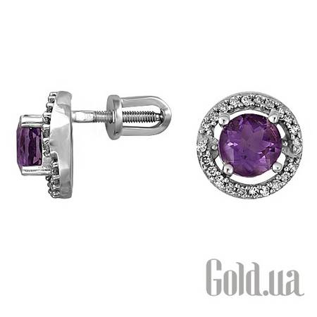 Серьги-гвоздики Золотые серьги с бриллиантами и аметистами