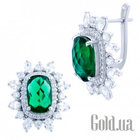Серьги Серебряные серьги с синт. изумрудами и куб. циркониями