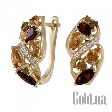 Серьги Золотые серьги с бриллиантами, кварцем, цитринами и гранатами
